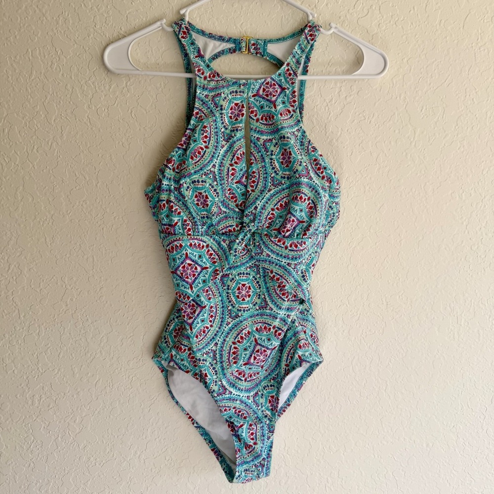 Helen Jon Women's One Piece Swimsuit Size Small Multicolor High Neck Key Hole
